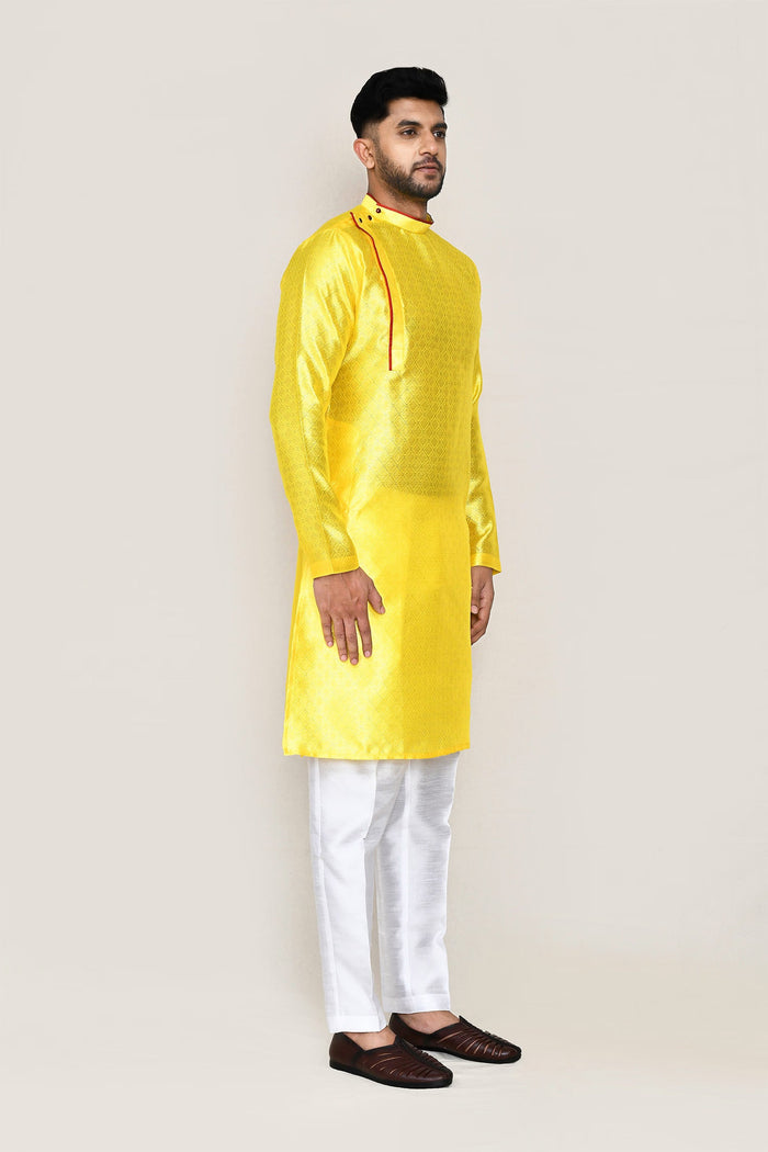 Bright Yellow Jacquard Silk Kurta Set