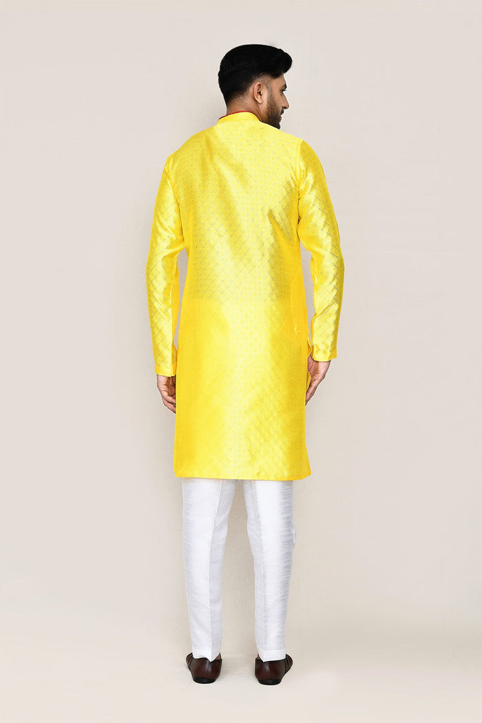 Bright Yellow Jacquard Silk Kurta Set