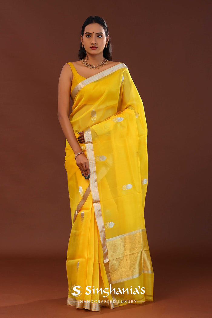 <img> Bright Yellow Organza Banarasi Saree