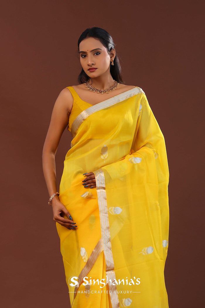 <img> Bright Yellow Organza Banarasi Saree