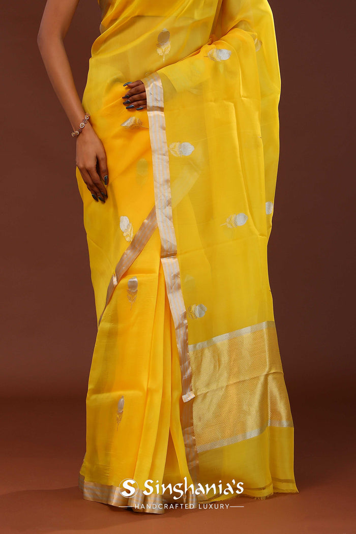 <img> Bright Yellow Organza Banarasi Saree