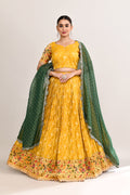 Bright Yellow Raw Silk Floral Printed Lehenga Set