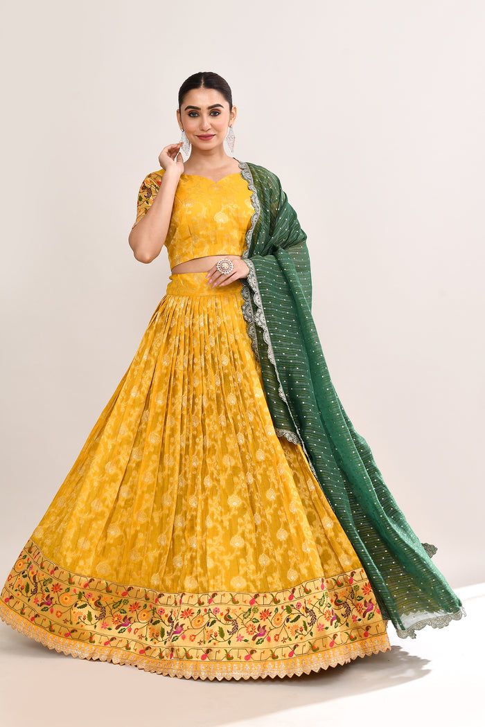 Bright Yellow Raw Silk Floral Printed Lehenga Set