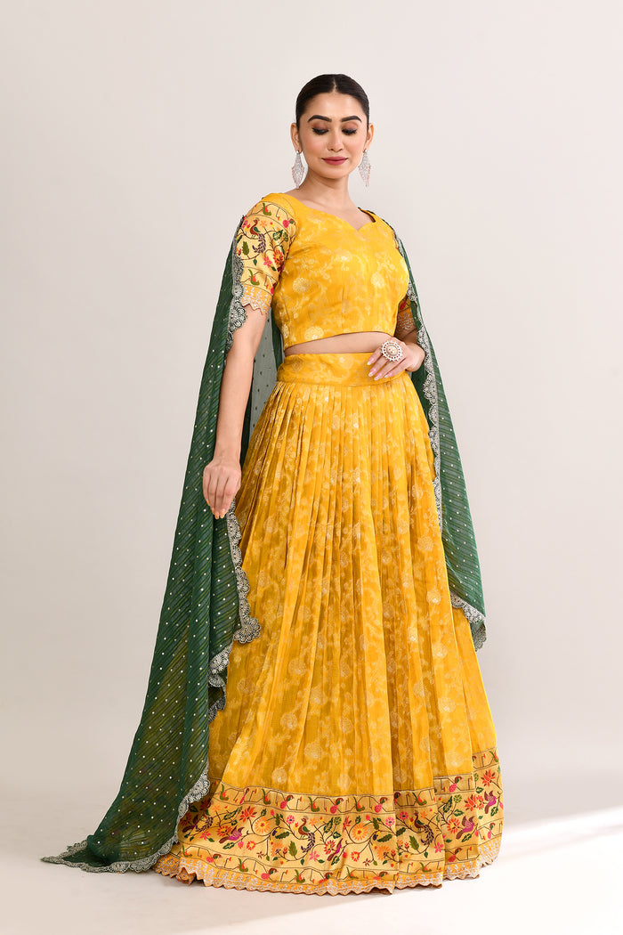 Bright Yellow Raw Silk Floral Printed Lehenga Set