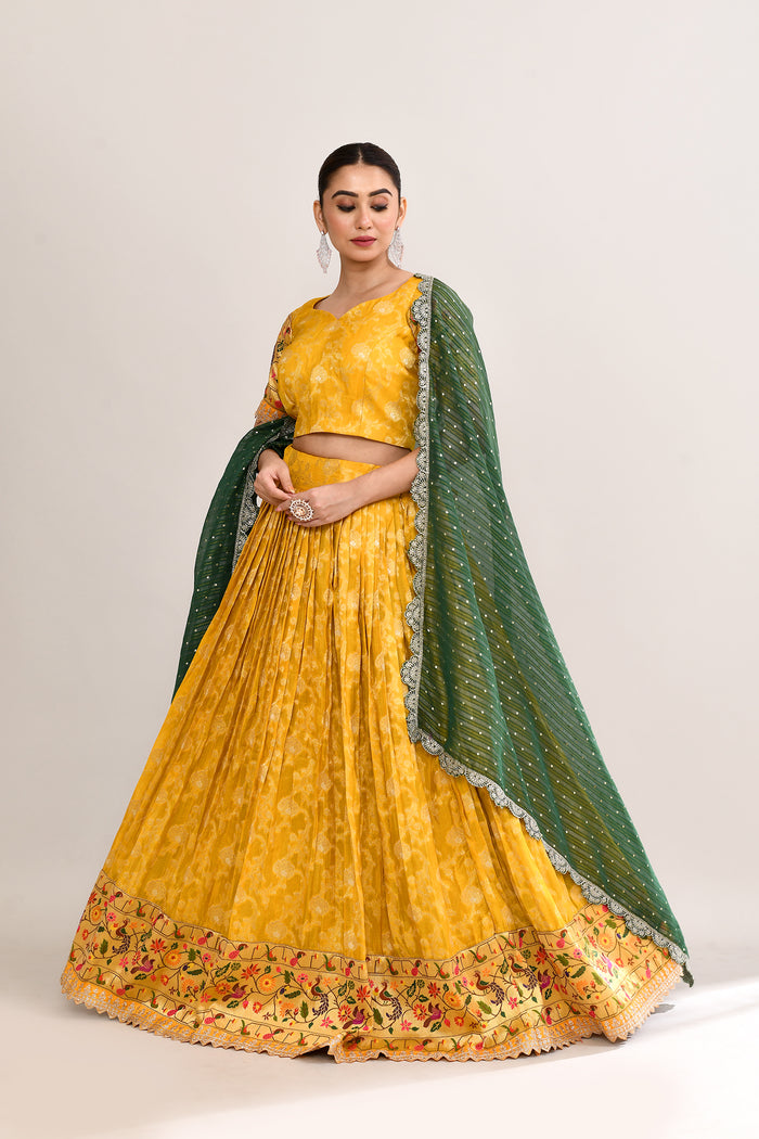 Bright Yellow Raw Silk Floral Printed Lehenga Set