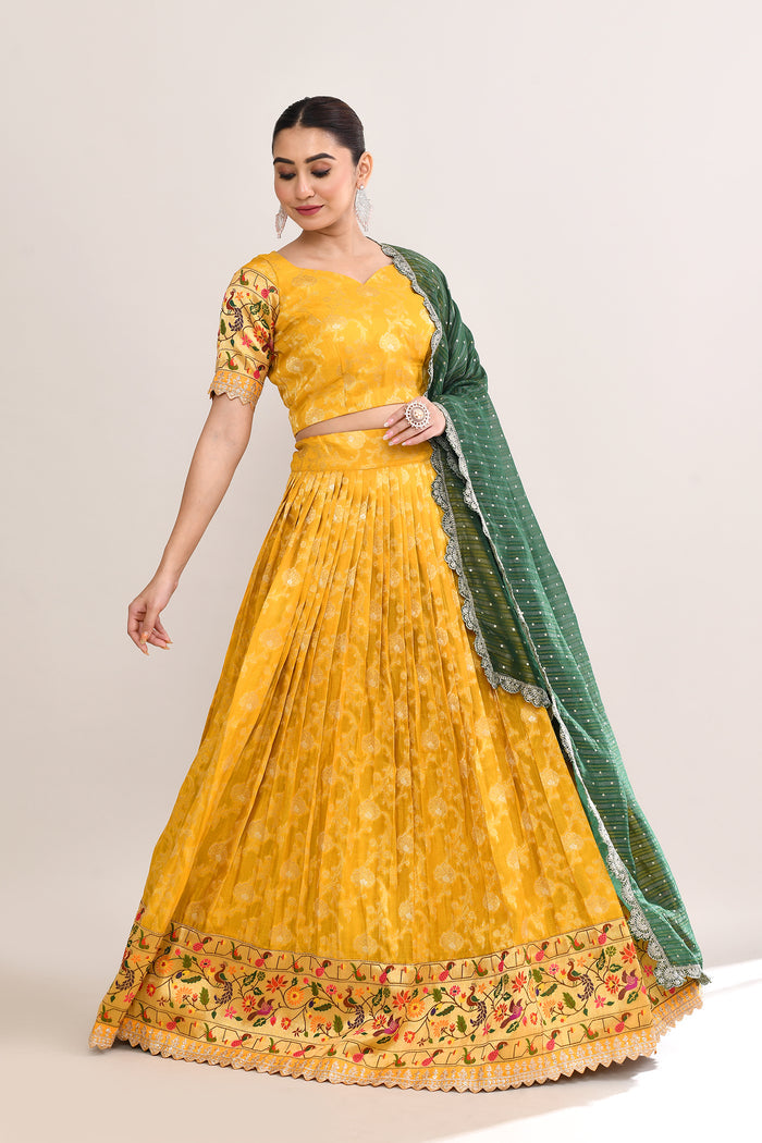 Bright Yellow Raw Silk Floral Printed Lehenga Set