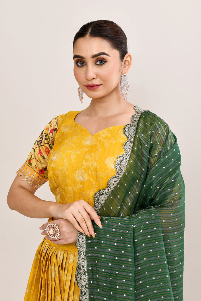 Bright Yellow Raw Silk Floral Printed Lehenga Set
