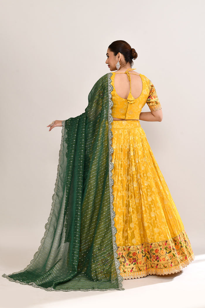 Bright Yellow Raw Silk Floral Printed Lehenga Set