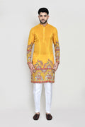 Bright Yellow Rayon Kurta Set With Digital And Sequins Work