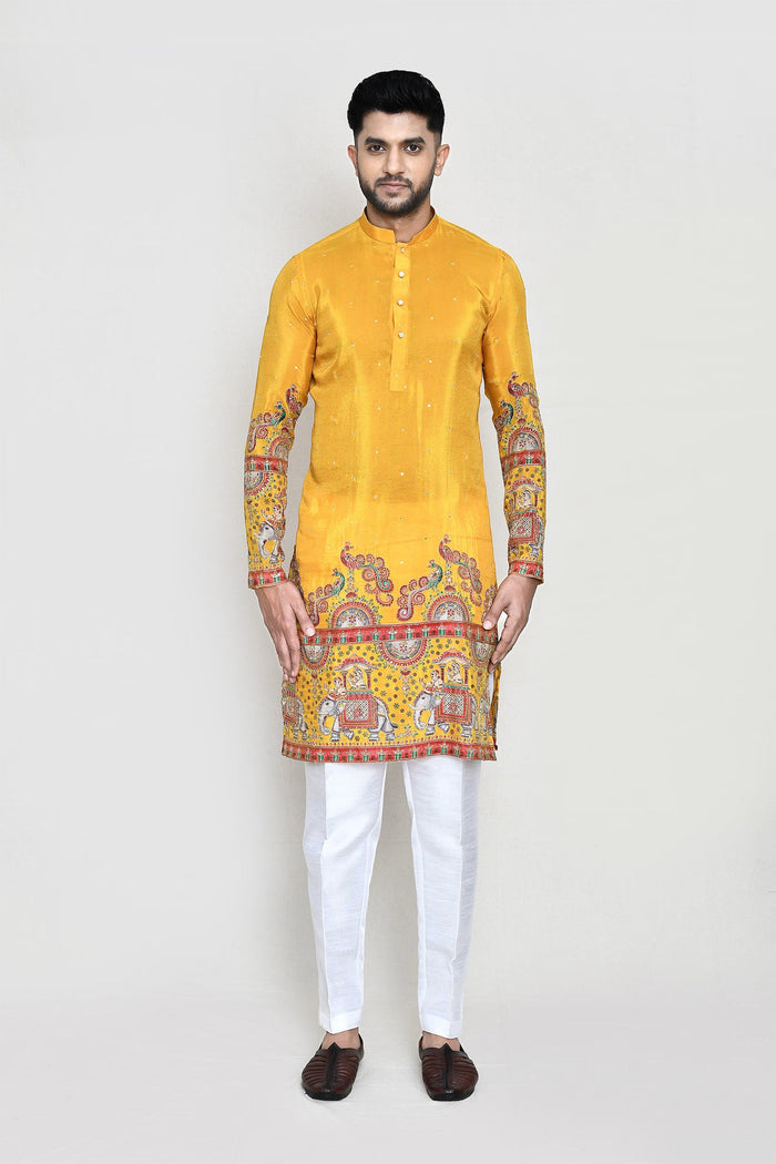 Bright Yellow Rayon Kurta Set With Digital And Sequins Work