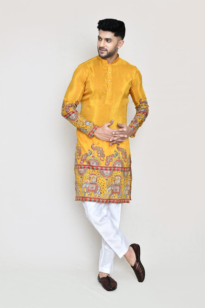 Bright Yellow Rayon Kurta Set With Digital And Sequins Work