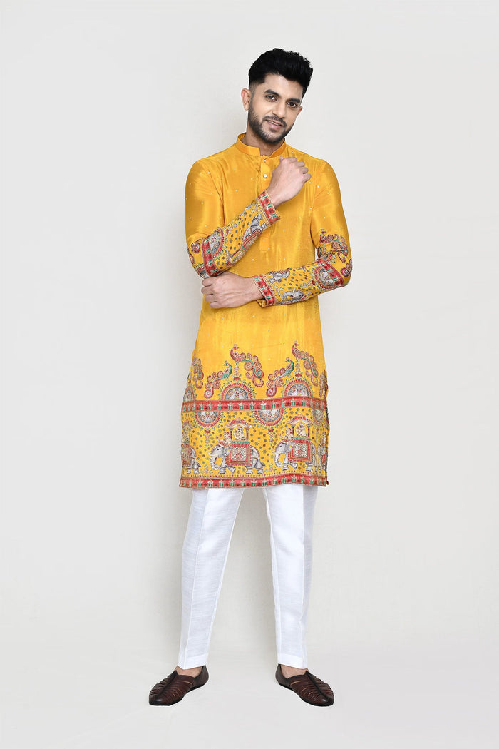 Bright Yellow Rayon Kurta Set With Digital And Sequins Work