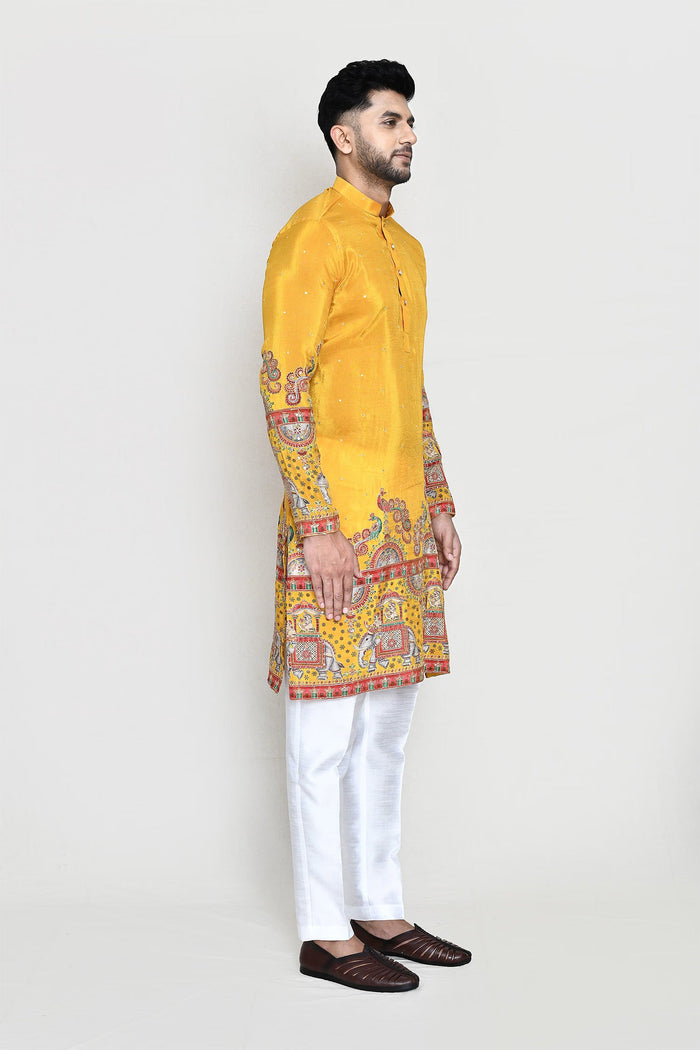 Bright Yellow Rayon Kurta Set With Digital And Sequins Work