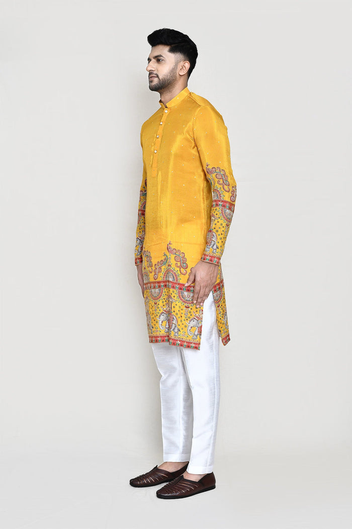 Bright Yellow Rayon Kurta Set With Digital And Sequins Work