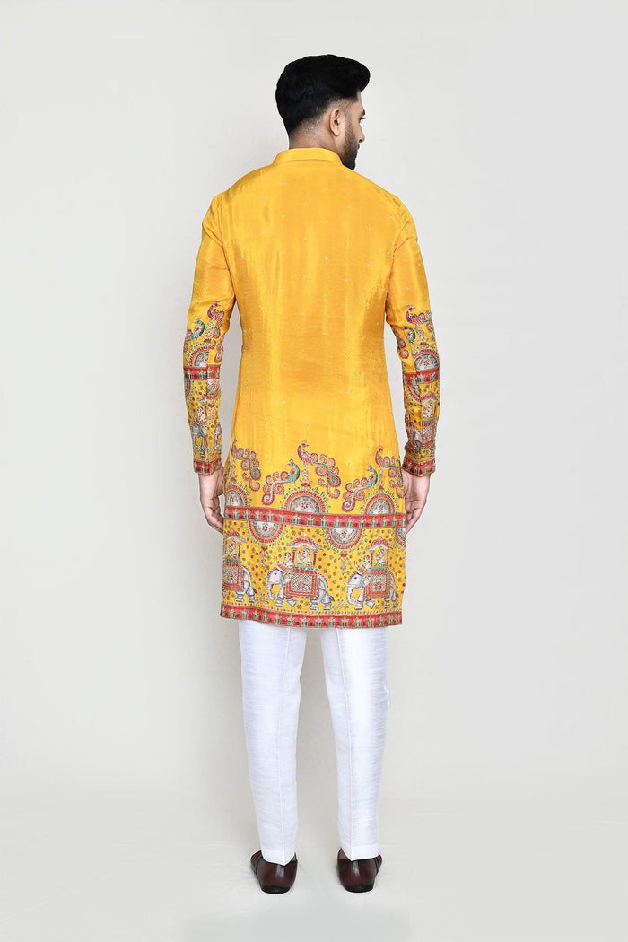 Bright Yellow Rayon Kurta Set With Digital And Sequins Work