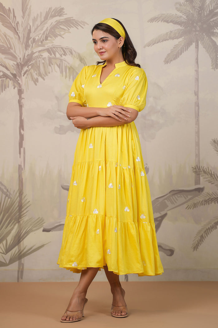 Bright Yellow Santoon Embroidered Dress