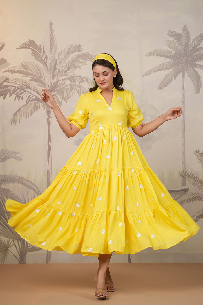 Bright Yellow Santoon Embroidered Dress