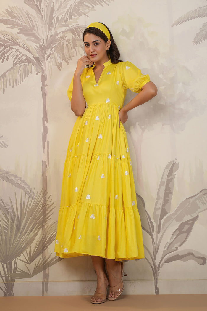 Bright Yellow Santoon Embroidered Dress