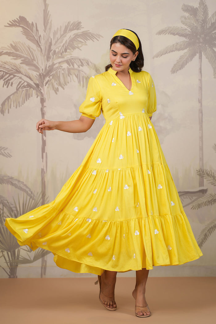 Bright Yellow Santoon Embroidered Dress