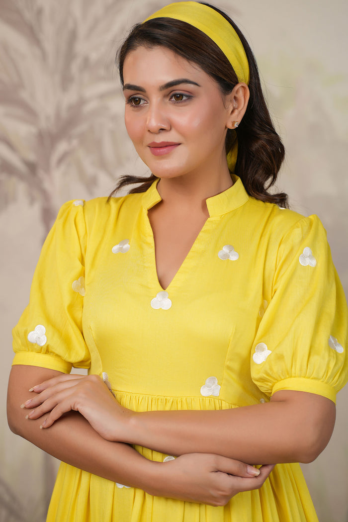 Bright Yellow Santoon Embroidered Dress