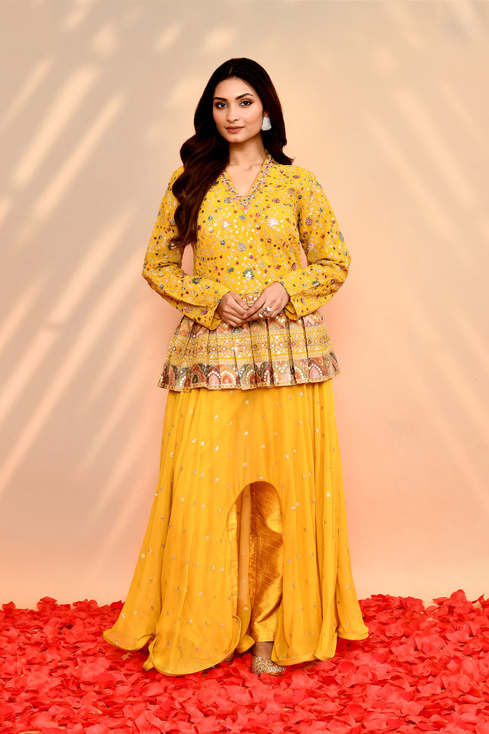 Bright Yellow Satin Silk Embroidered Anarkali Set