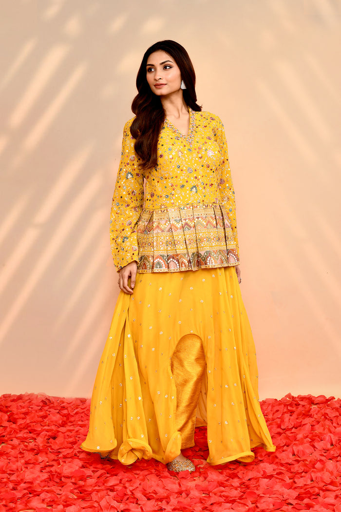 Bright Yellow Satin Silk Embroidered Anarkali Set