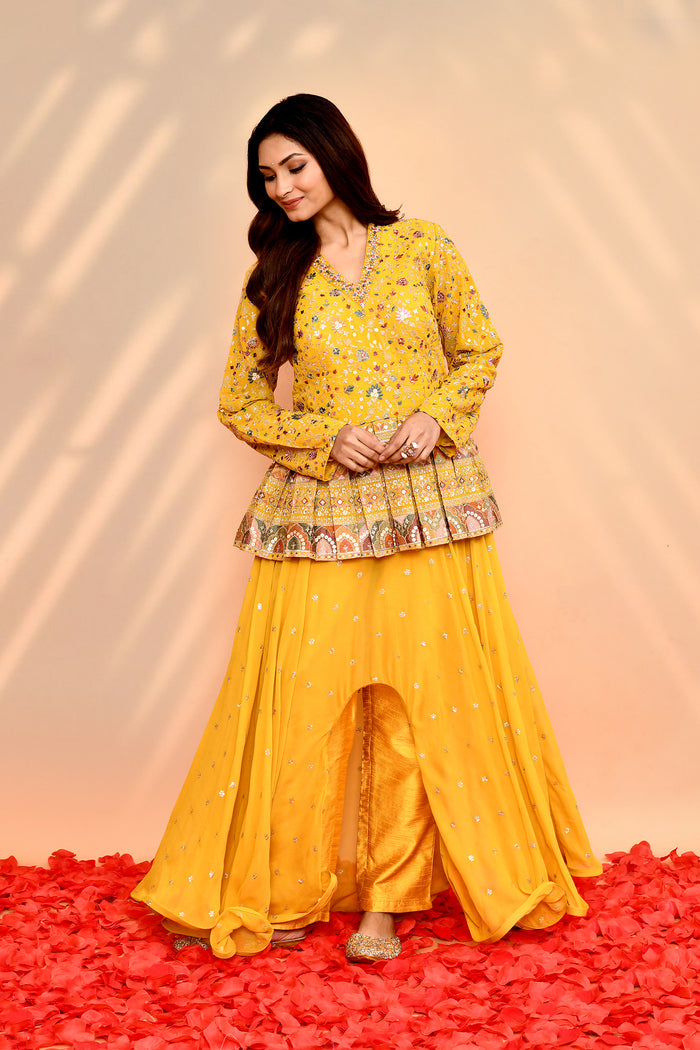 Bright Yellow Satin Silk Embroidered Anarkali Set