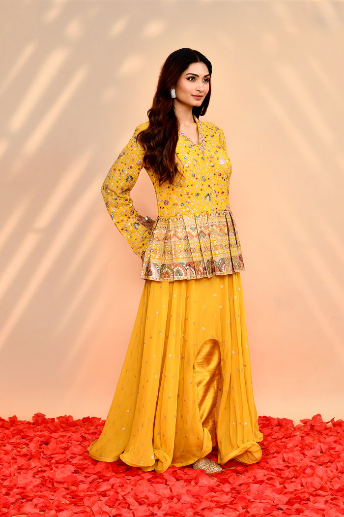 Bright Yellow Satin Silk Embroidered Anarkali Set