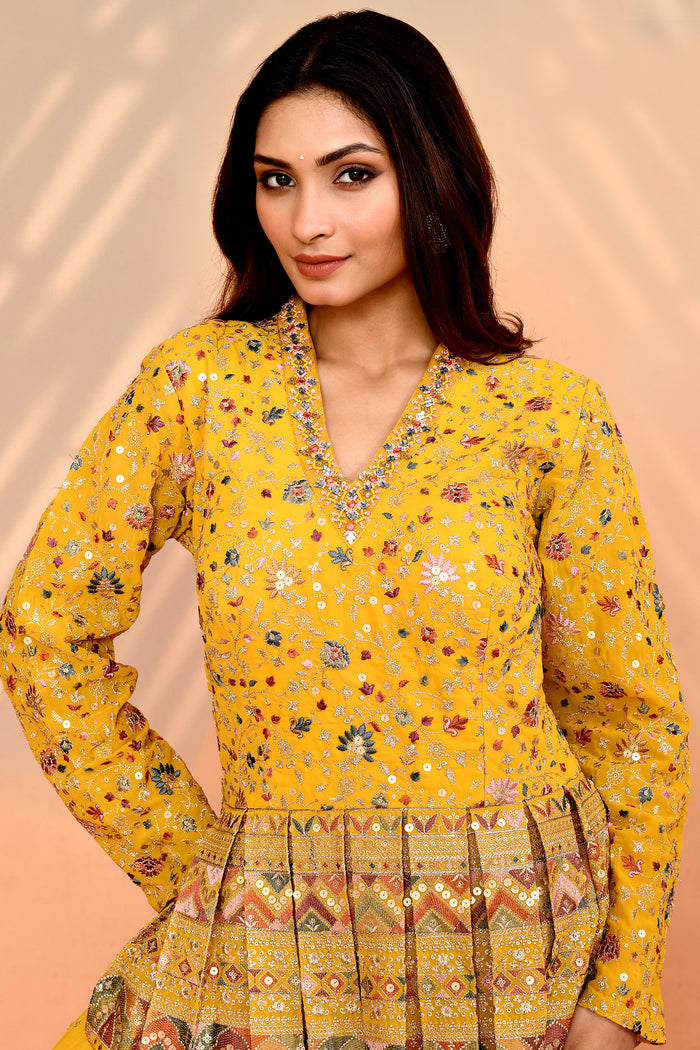 Bright Yellow Satin Silk Embroidered Anarkali Set