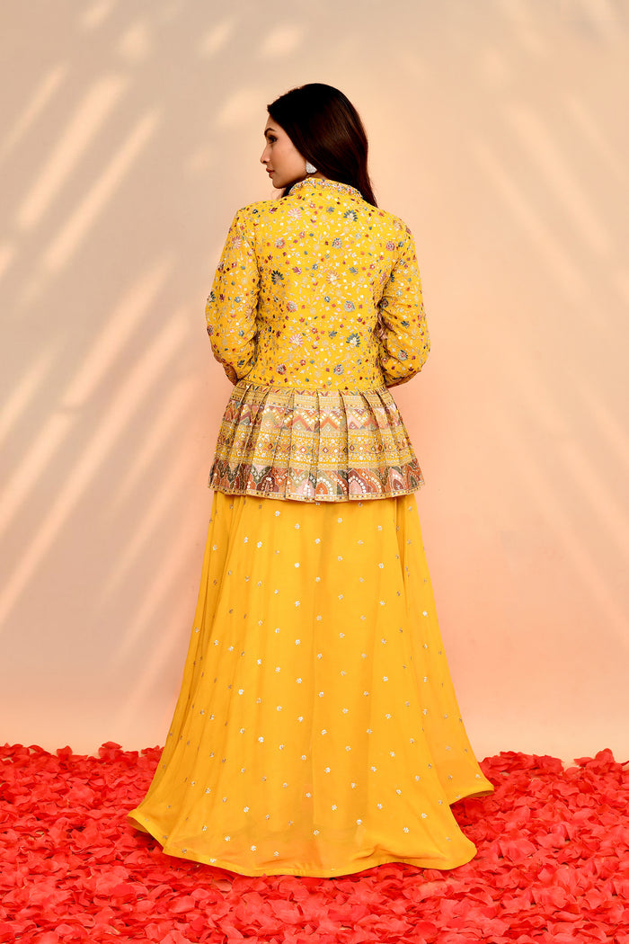 Bright Yellow Satin Silk Embroidered Anarkali Set