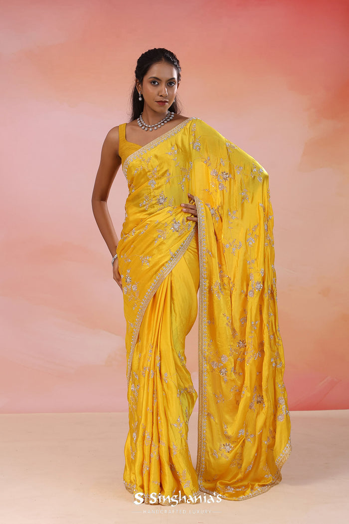 Bright Yellow Satin Silk Saree With Fancy Border