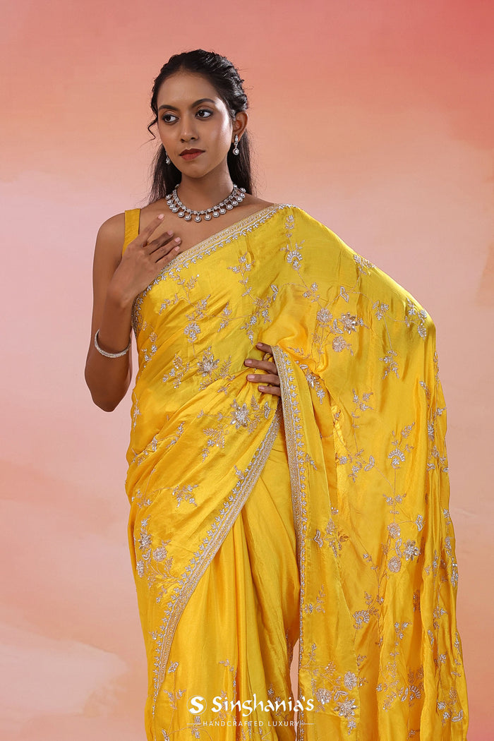 Bright Yellow Satin Silk Saree With Fancy Border