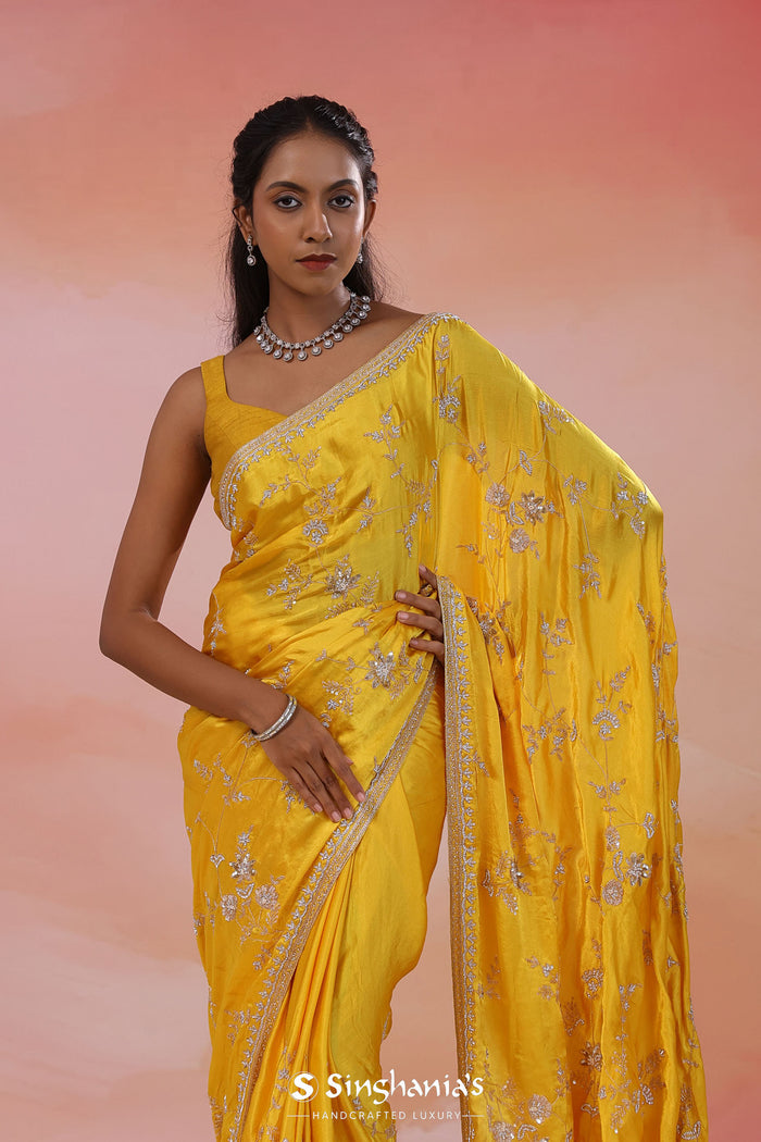 Bright Yellow Satin Silk Saree With Fancy Border