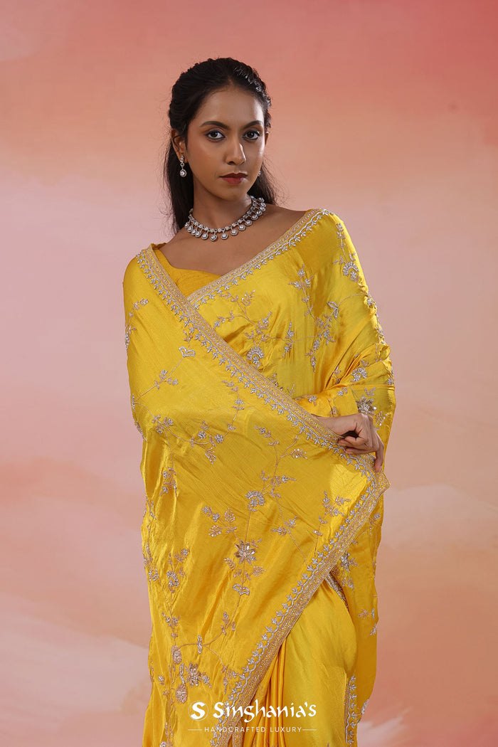 Bright Yellow Satin Silk Saree With Fancy Border
