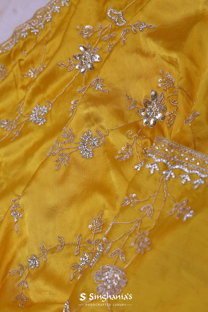 Bright Yellow Satin Silk Saree With Fancy Border