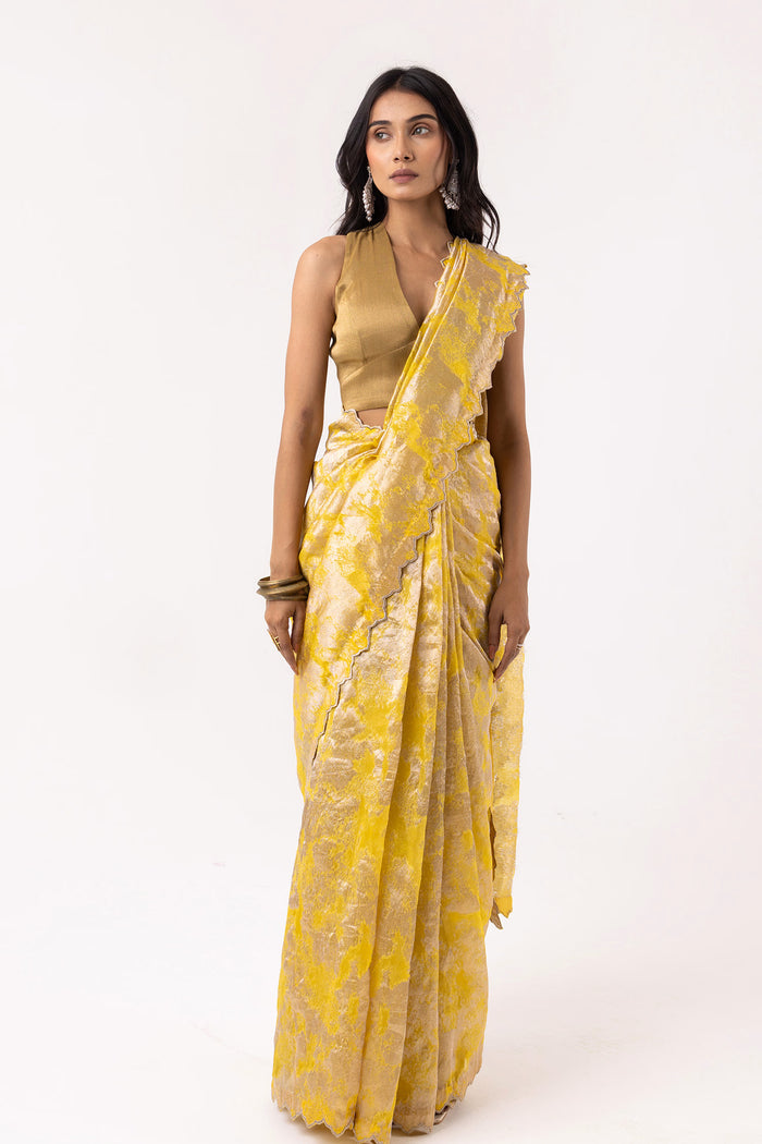 Bright Yellow Viscose Jacquard Saree With Scallop Border
