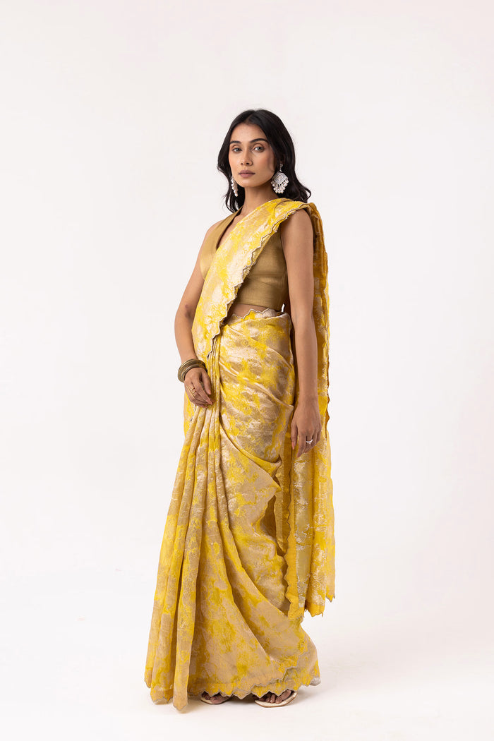 Bright Yellow Viscose Jacquard Saree With Scallop Border