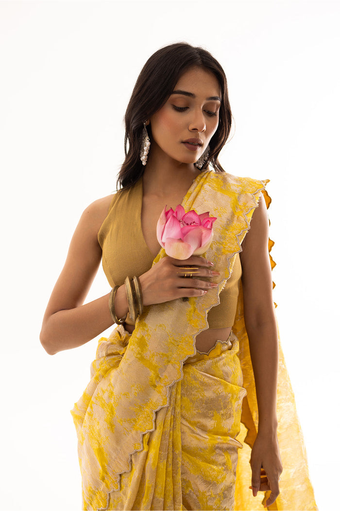 Bright Yellow Viscose Jacquard Saree With Scallop Border