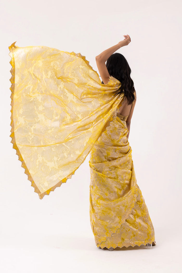 Bright Yellow Viscose Jacquard Saree With Scallop Border