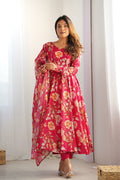 Brink Pink Organza Floral Printed Anarkali Set