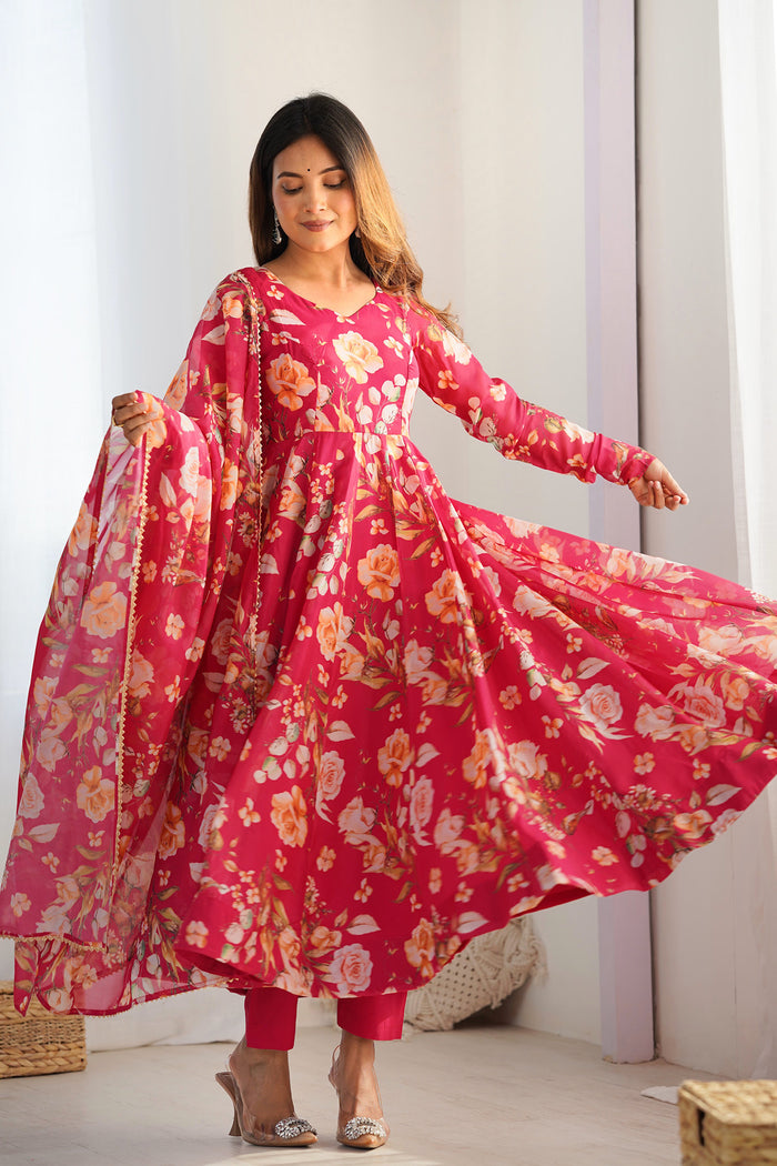 Brink Pink Organza Floral Printed Anarkali Set