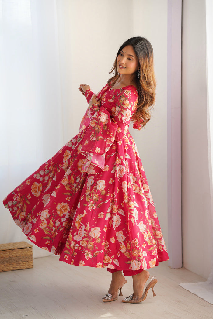 Brink Pink Organza Floral Printed Anarkali Set