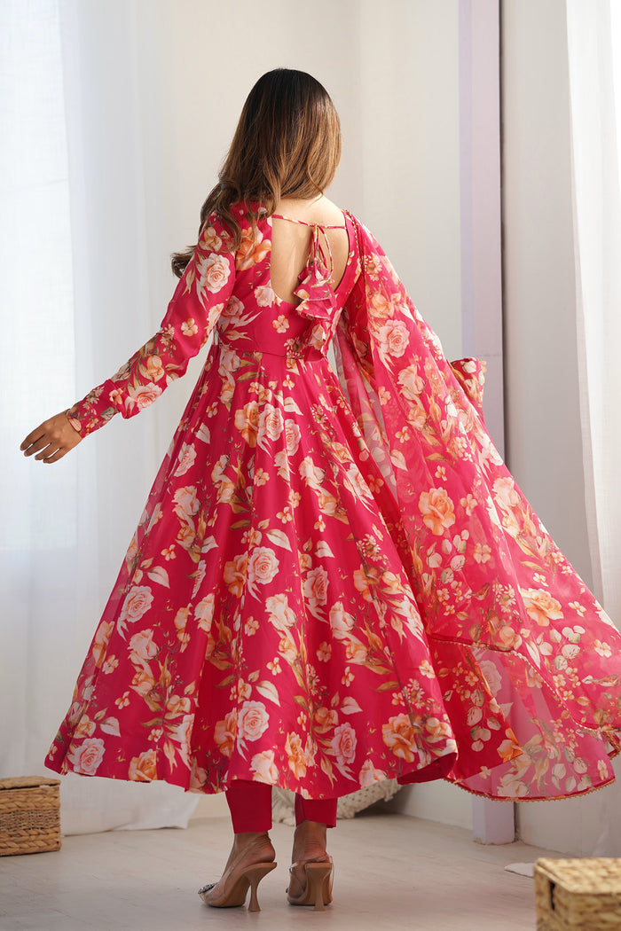 Brink Pink Organza Floral Printed Anarkali Set