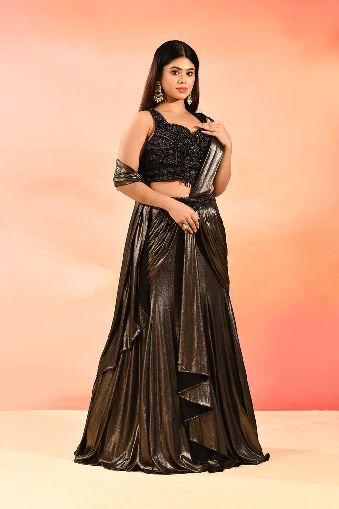 Bronze Metallic With Beaded Embroidered Blouse Draped Saree
