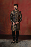 Brown Black Printed Cotton Blend Sherwani Set