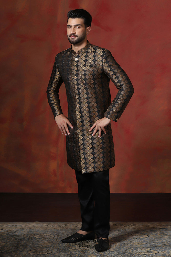 Brown Black Printed Cotton Blend Sherwani Set
