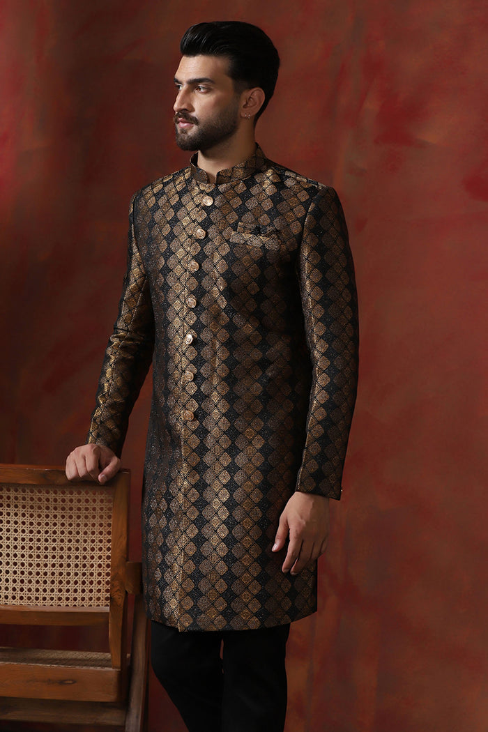 Brown Black Printed Cotton Blend Sherwani Set
