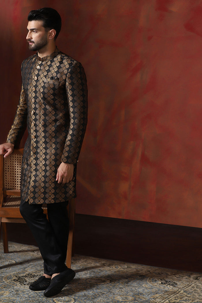 Brown Black Printed Cotton Blend Sherwani Set