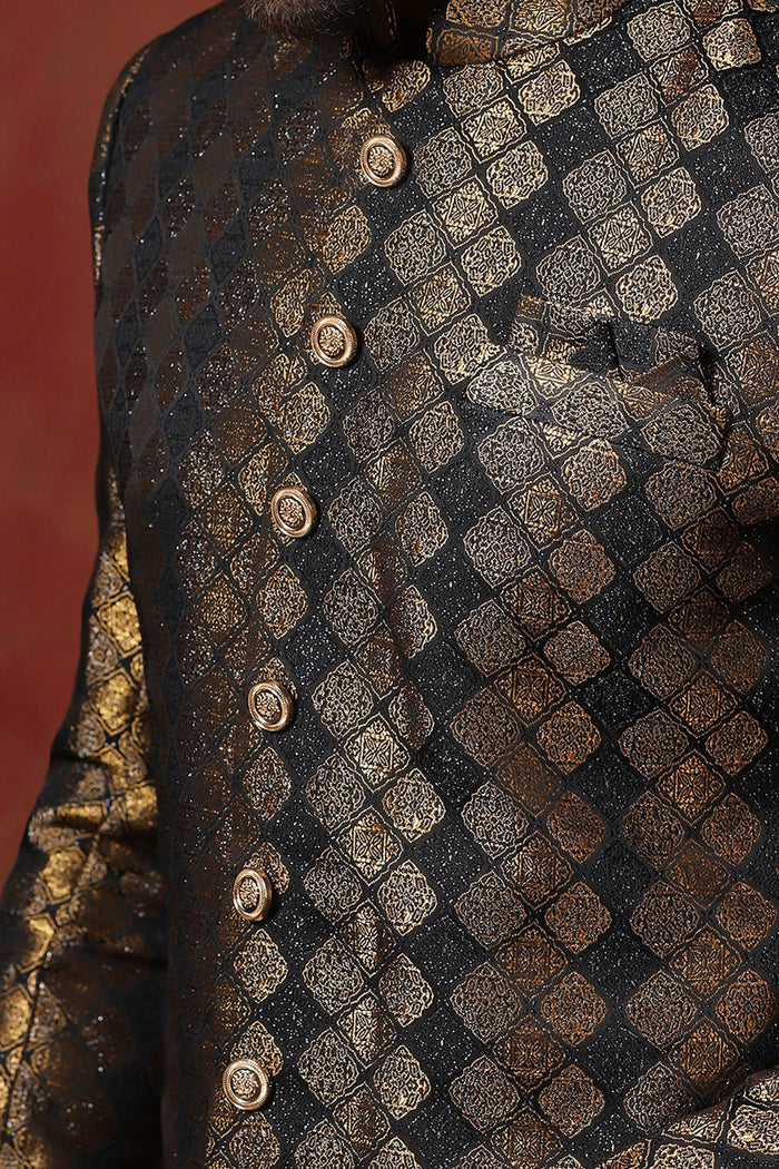 Brown Black Printed Cotton Blend Sherwani Set