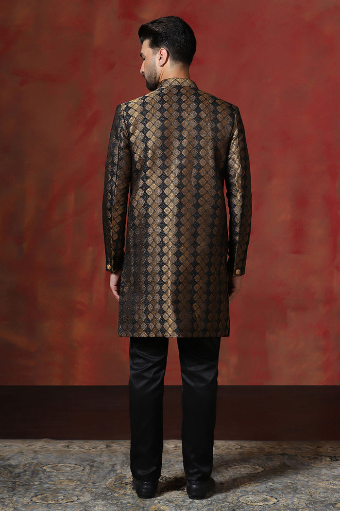 Brown Black Printed Cotton Blend Sherwani Set